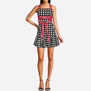 Mo Maya Luna Check & Leopard Print Strap. Square Neckline B&W Gingham Print NWT